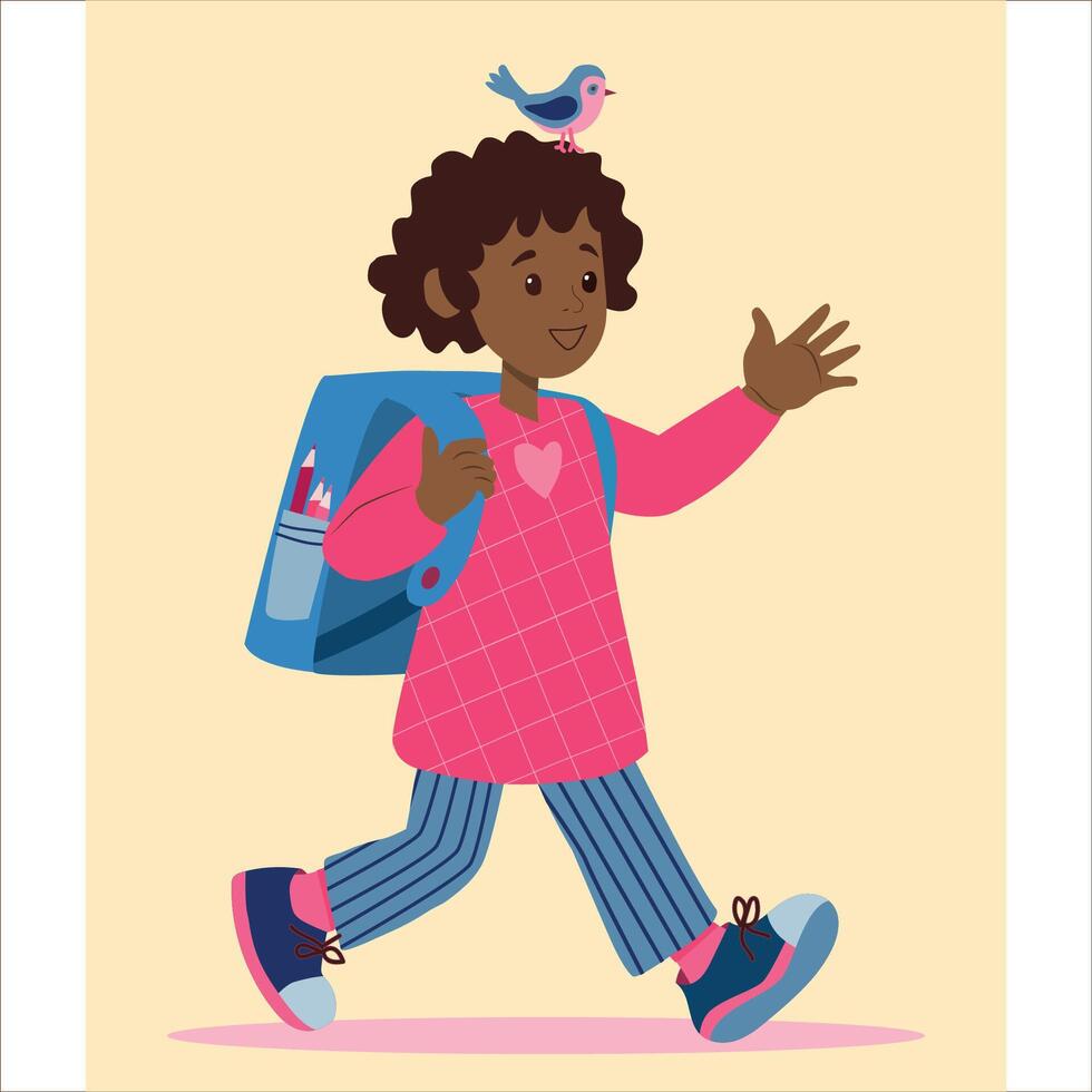 The illustration of a little black girl with a bright smile, wearing a vibrant yellow backpack, going to scool. vector