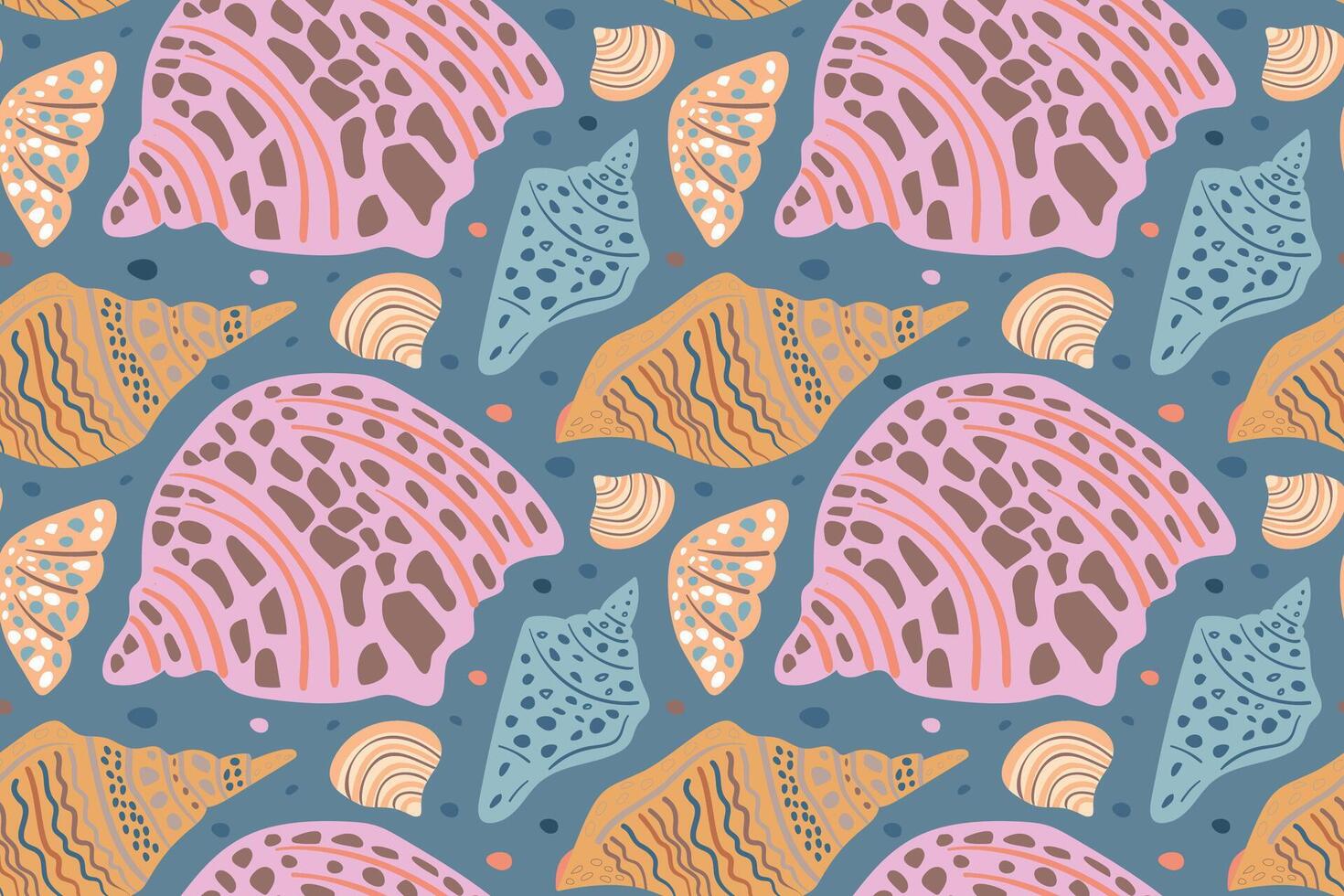 Pattern with hand drawn illustration under the water life. Set of sea shells. Mollusk different forms. Orange, Blue, Pink, Gray-green. Gray-blue background vector