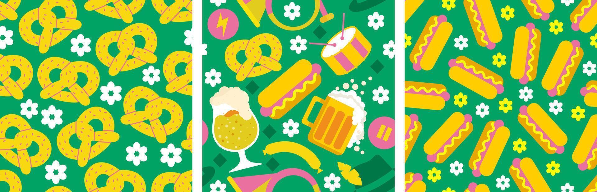 A collection of patterns for Oktoberfest. Large beer mugs, pretzels, hotdogs, lots of beer, music and a festive atmosphere. Perfect for wrapping, packaging, advertising, posters, print, social media vector