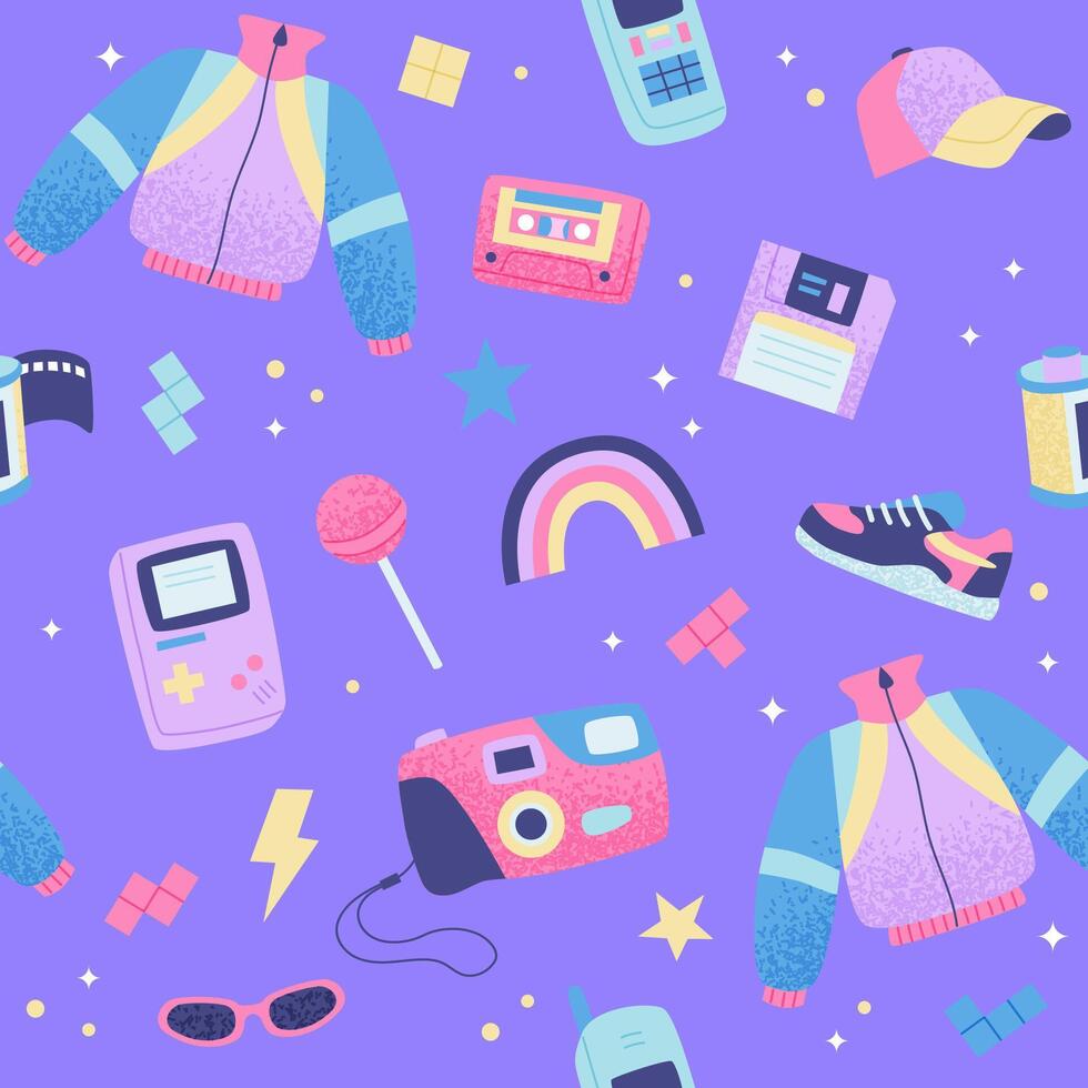 90s retro seamless pattern. Cute bright multicolor elements on purple background.. illustration in trendy flat style vector