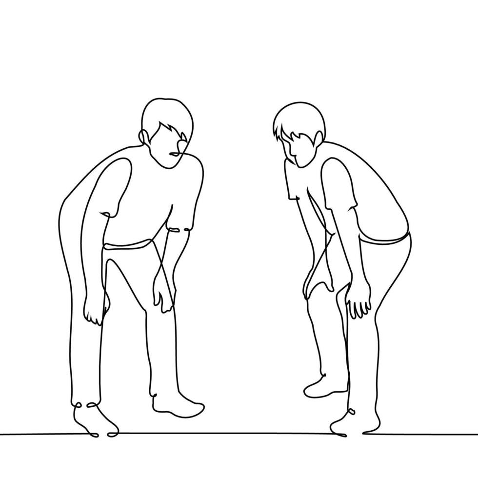 men a little tired or looking at something below eye level - one line art . concept male friends, watching, tired workers vector