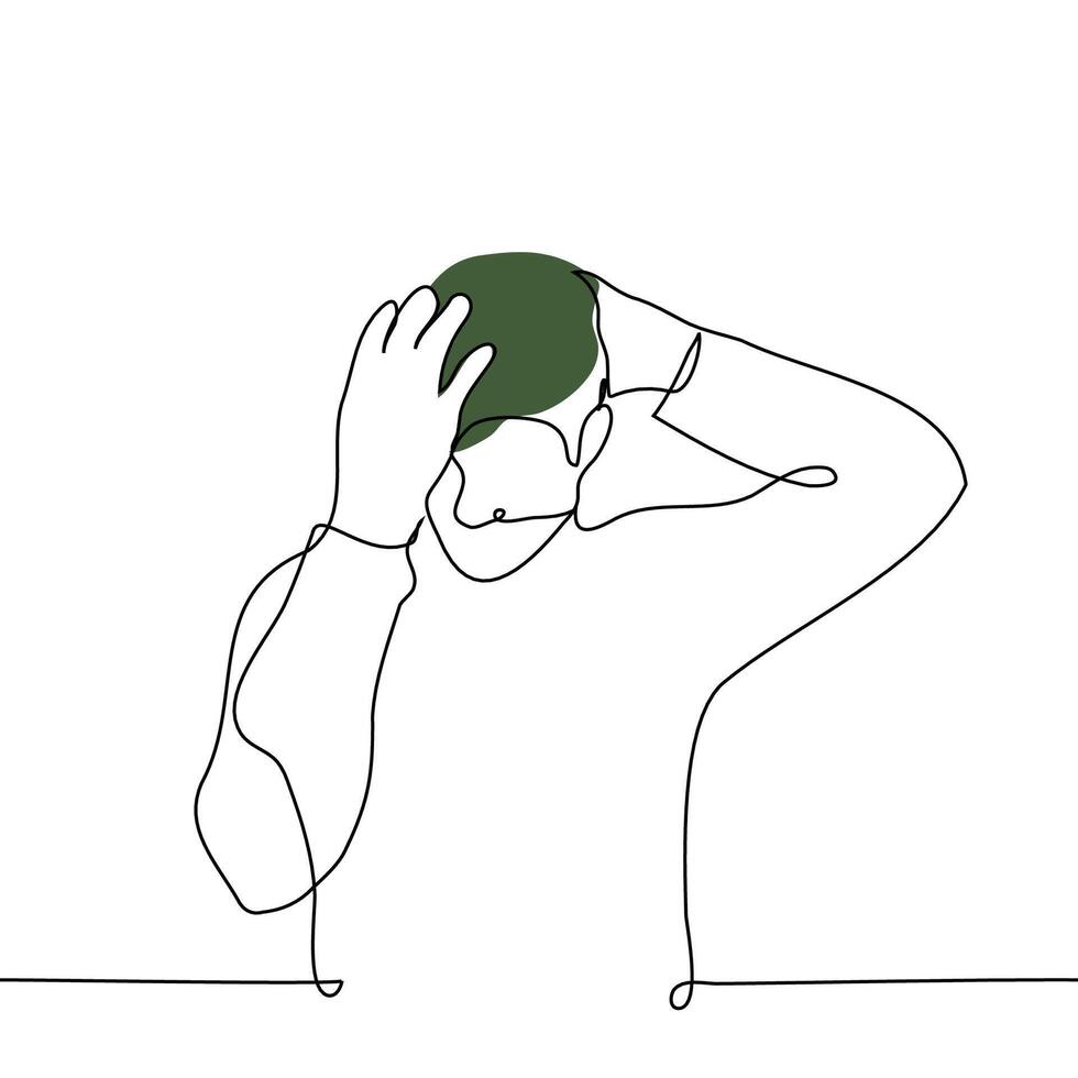 man puts a green military beret on his head - one line drawing . the concept of a soldier putting on a headdress vector