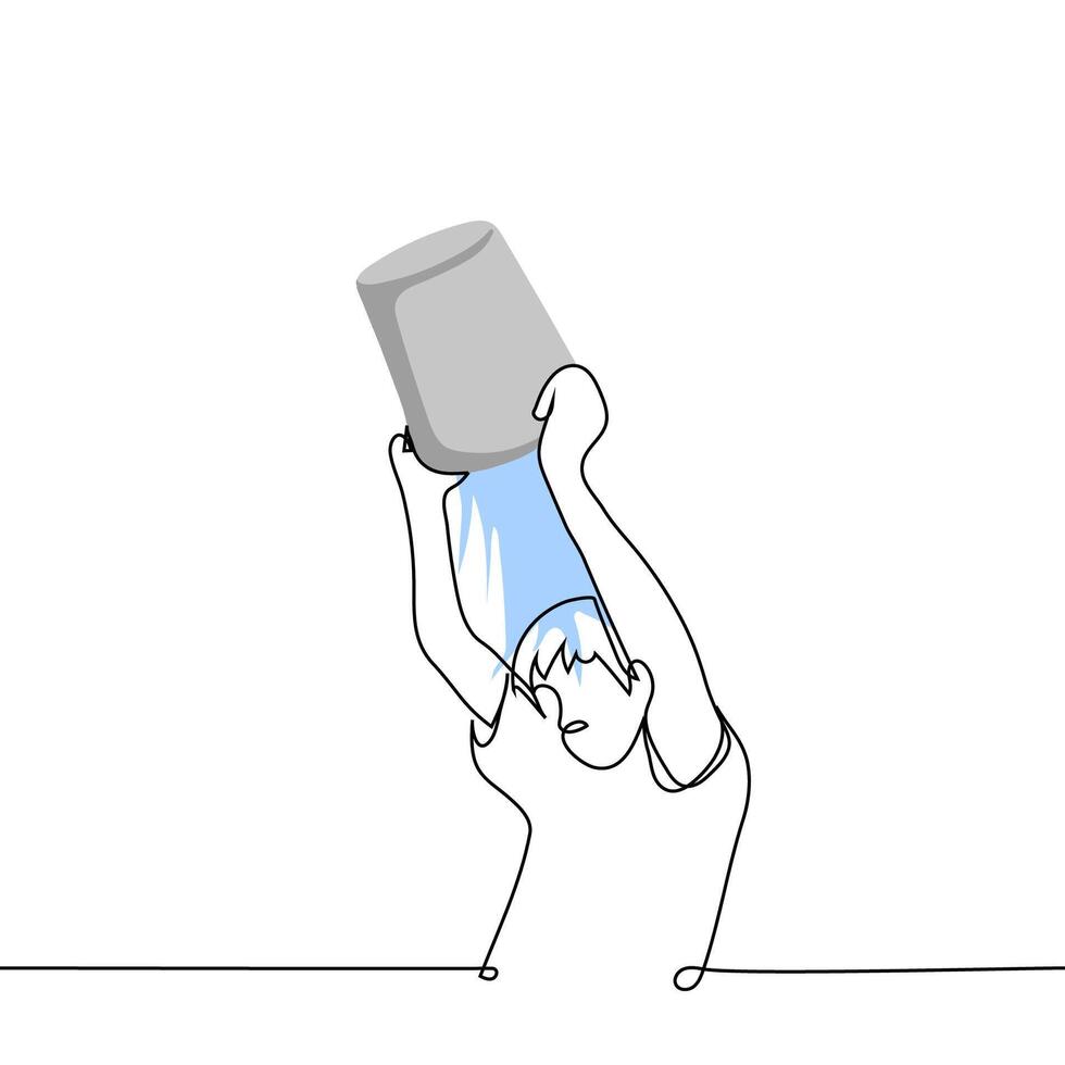 man pours himself with water from a bucket - one line drawing . cool down concept, ice bucket challenge vector