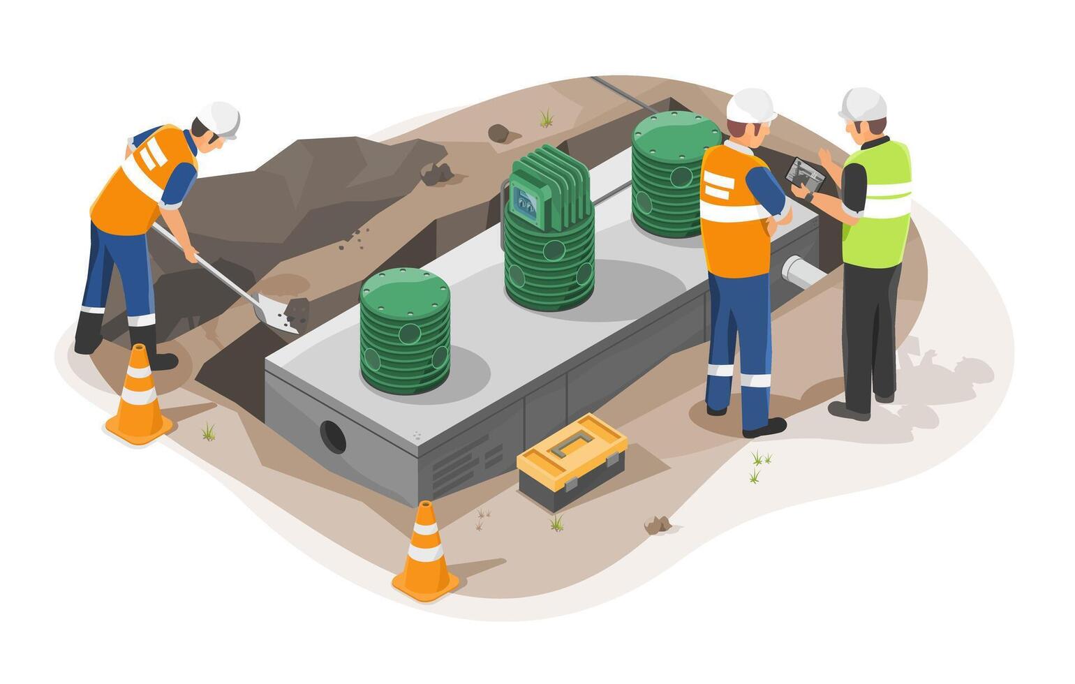 aerobic treatment system installation household septic tank engineer working on constraction work site eco friendly concept isometic isolated illustration vector