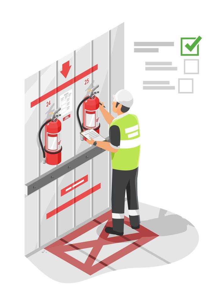 factory safety inspection isometric engineer inspecting fire extinguisher tank at fire extingguisher placement isolated cartoon vector