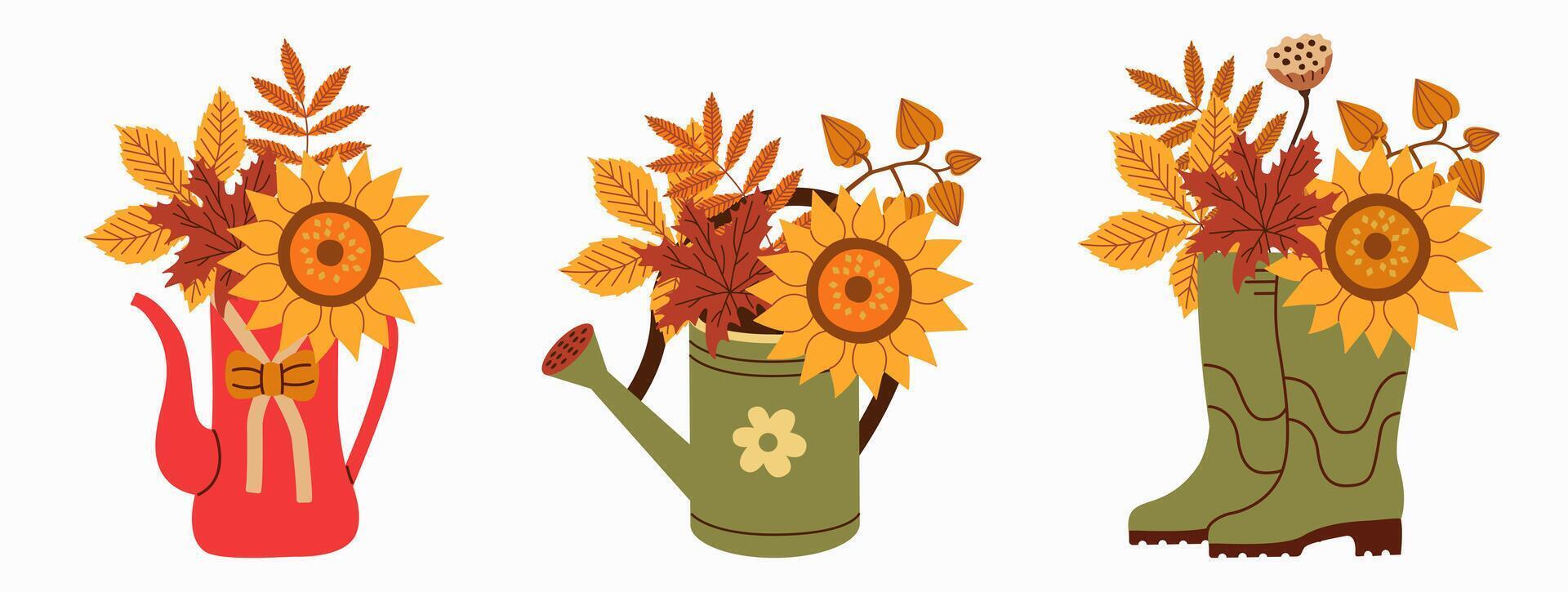 Autumn bouquets in watering cans and boots with sunflowers and leaves. Perfect for seasonal designs, greeting cards, and digital projects. Warm, inviting fall theme with vibrant floral arrangements. vector