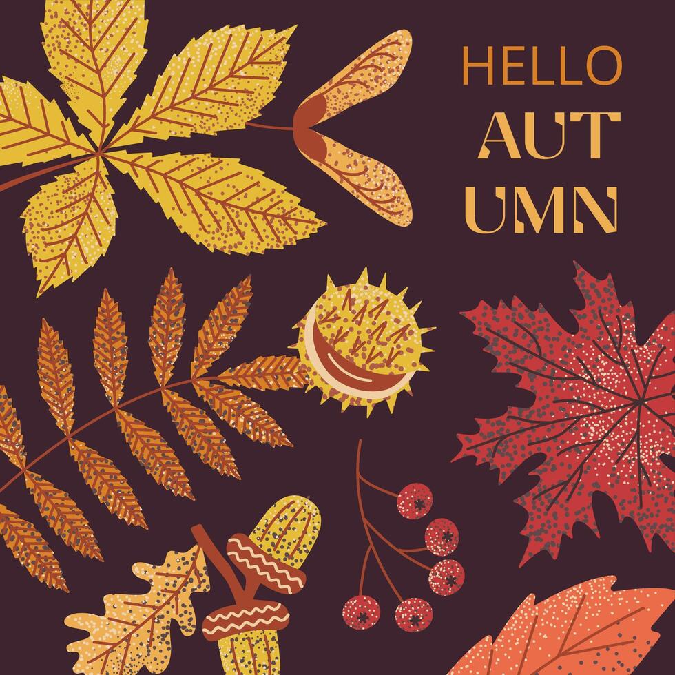 Vibrant autumn leaves and berries illustration on dark background with Hello Autumn text. Ideal for seasonal designs, greeting cards, and digital projects. Warm, inviting fall theme. vector