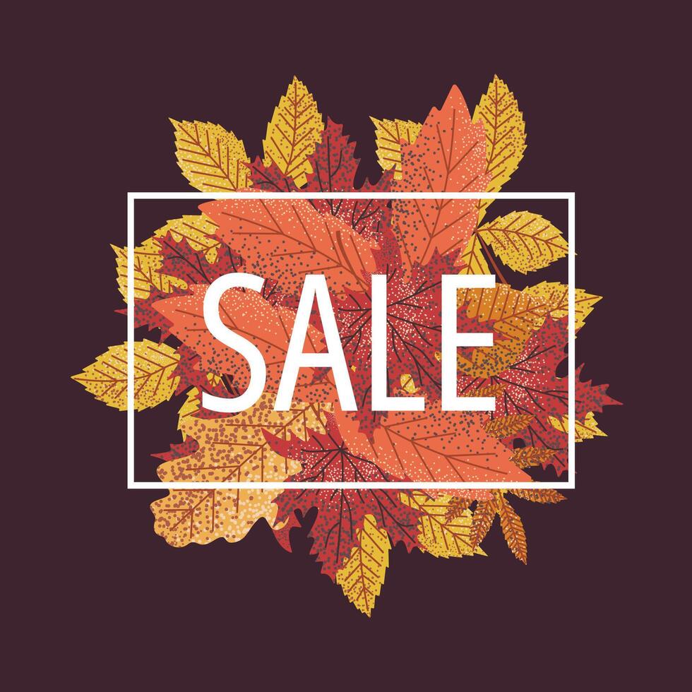 Autumn sale banner with vibrant leaves on dark background. Perfect for promotions, advertisements, and seasonal campaigns. Warm, inviting fall theme with colorful leaf cluster vector