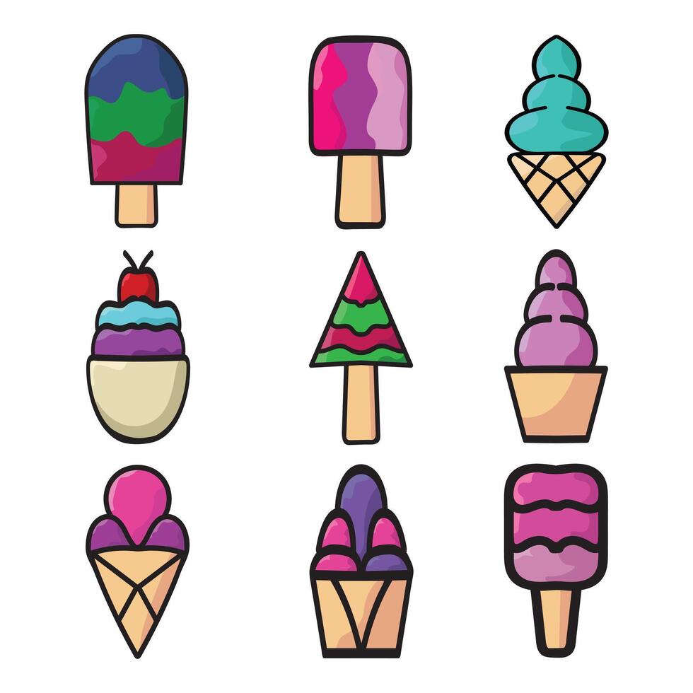 Collection of ice cream funny fast food kawaii style isolated on vector