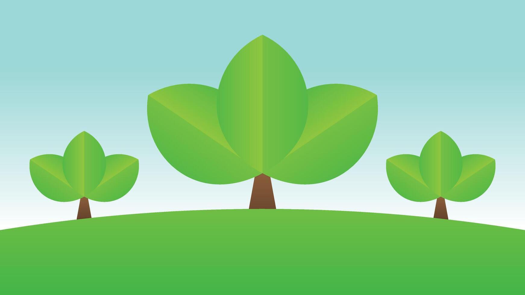 green field with three tree in flat style. cartoon meadow landscape with grass. green summer background landscape. vector
