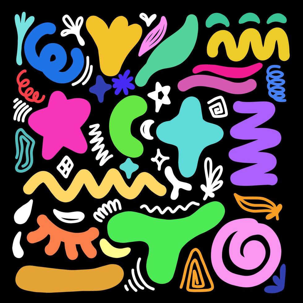 Colorful collection organic shapes and symbols on a black background. Modern contemporary figures, doodle objects and graphic elements. vector