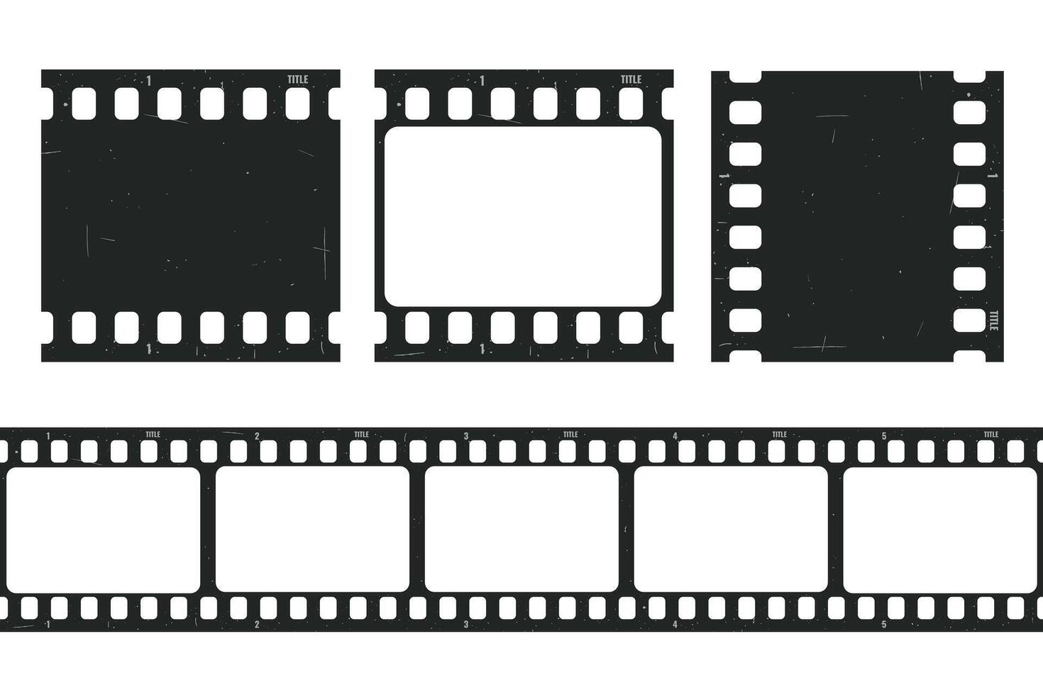 Old retro movie film strip set with grunge texture isolated on white background. Film strip templates. Cinema and filmmaking concept vector