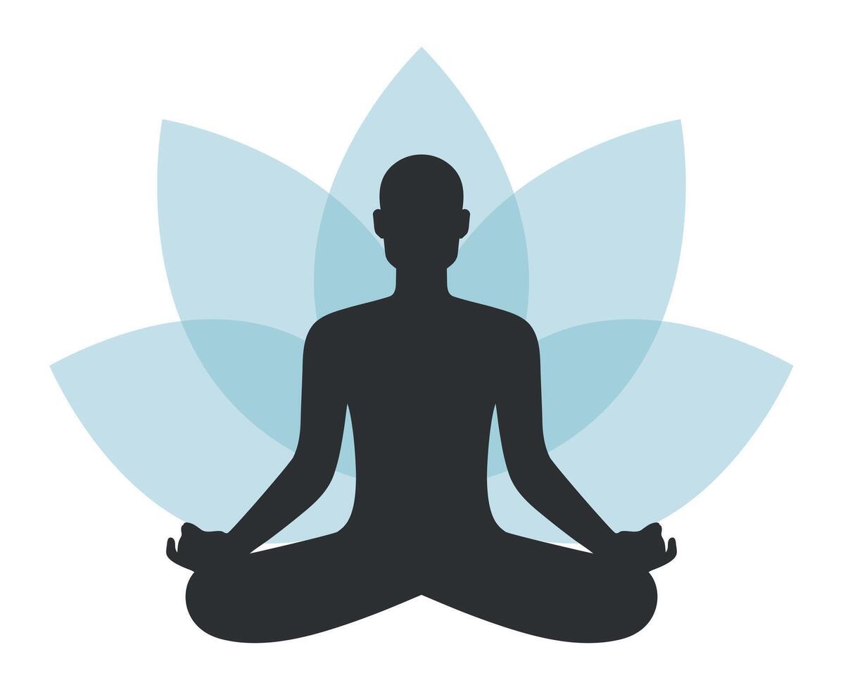 Silhouette of abstract bald man sitting in lotus pose on lotus flower background. Meditating male vector