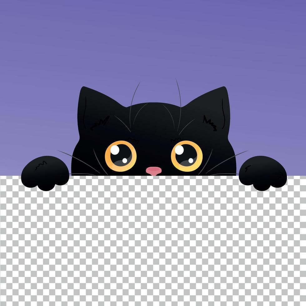 Cute black peeking cat. Curious cat with big yellow eyes is looking out of background. illustration vector
