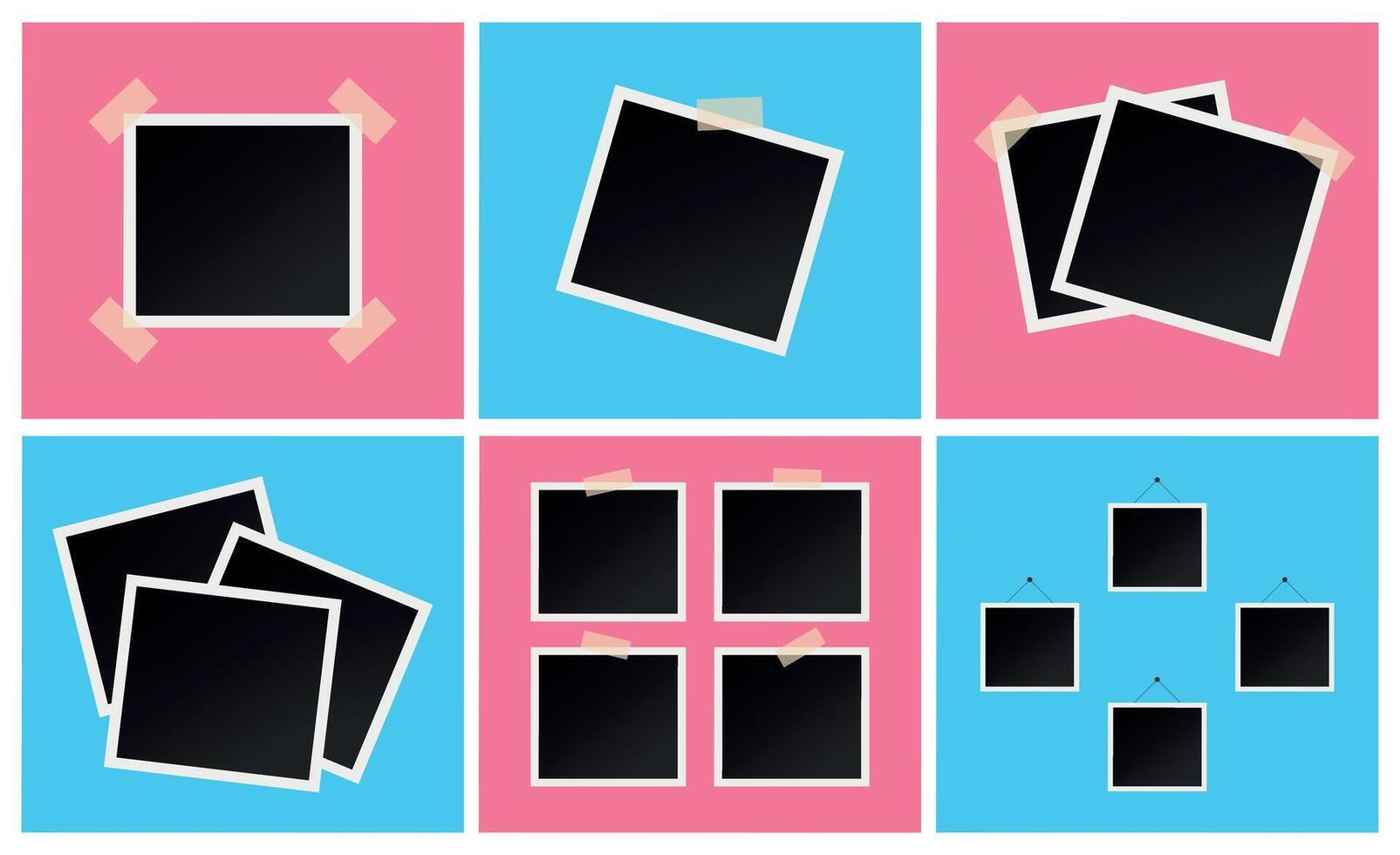Photo frames collage set. Blank instant photos on pink and blue backgrounds vector