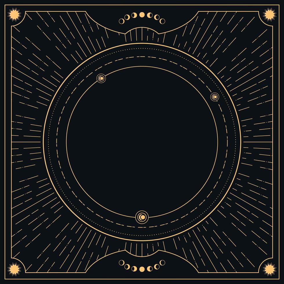 Celestial golden colored background with sunbeams and empty space for text. Decorated with star and moon symbols vector
