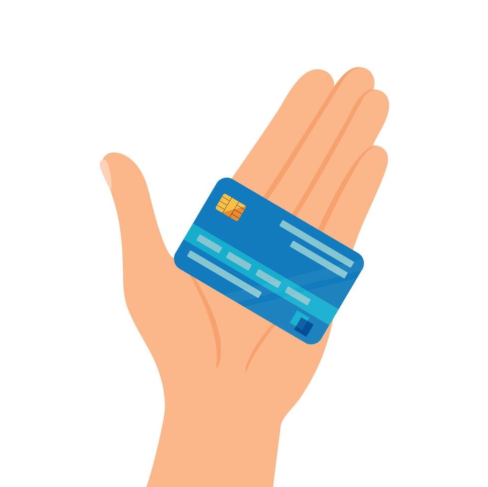 Credit card on an open palm. Hand with credit card. Payment, purchase or transaction concept. illustration vector