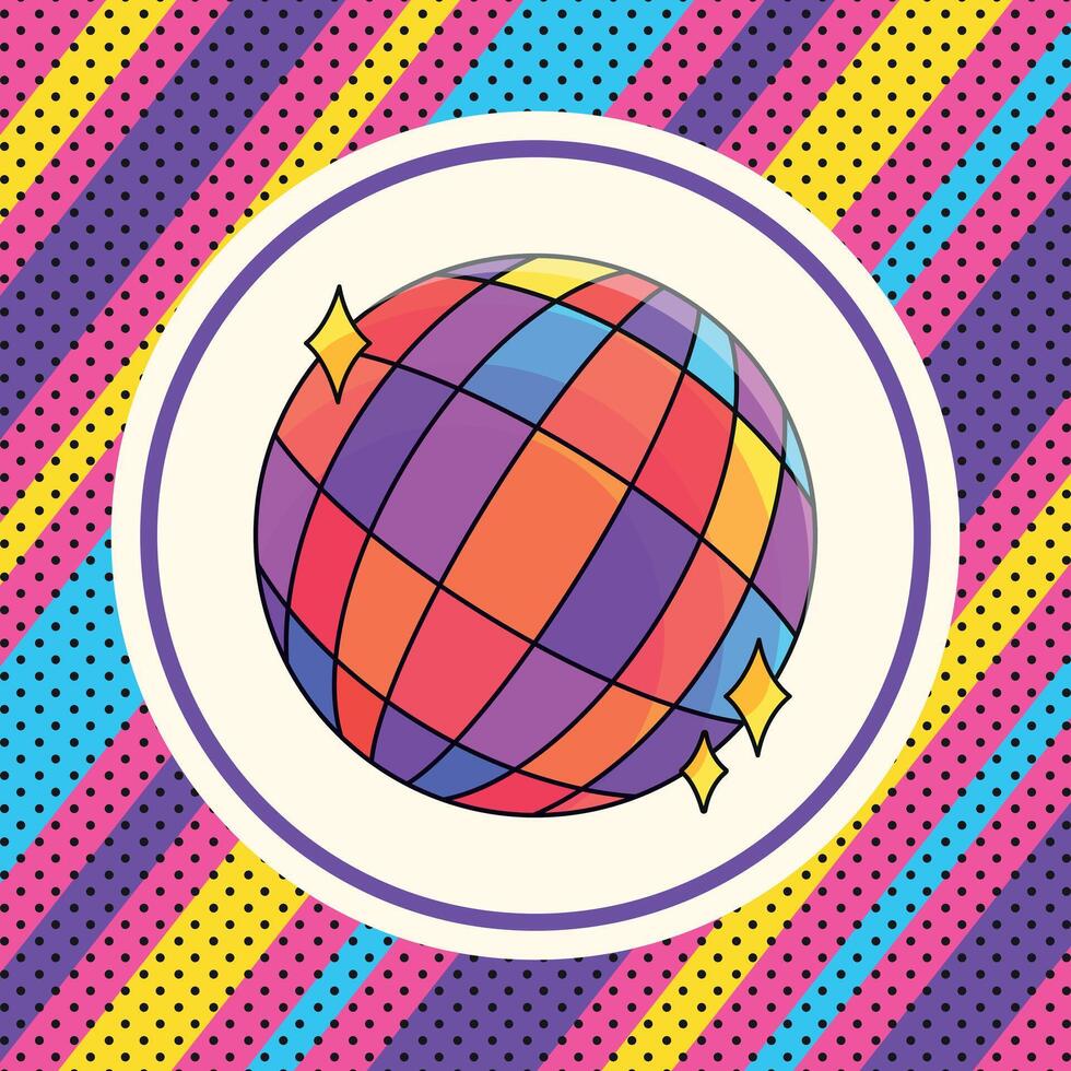Retro pop art style bright background with a disco ball. Sparkling disco ball, stripes and dots vector