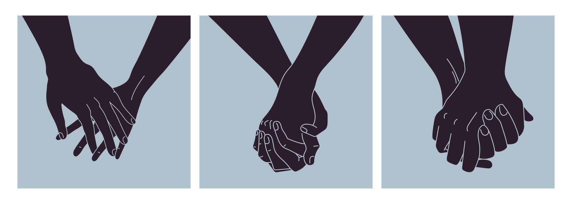 Hand in hand set. Hand holding other hand. Together, couple, love concept vector