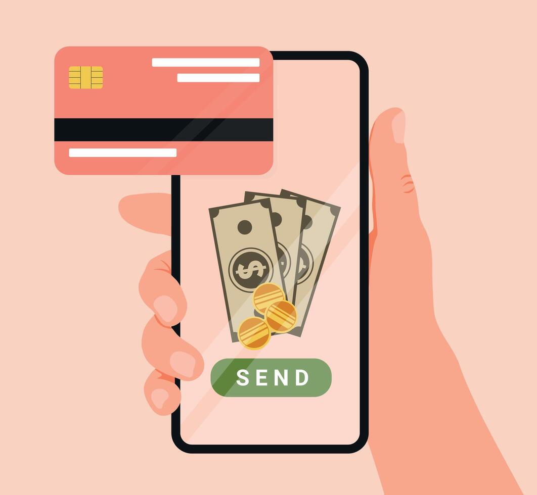 Online money transfer concept with phone in hand. Online sending money from mobile to plastic card. Mobile payment, online transactions, cashback. illustration vector