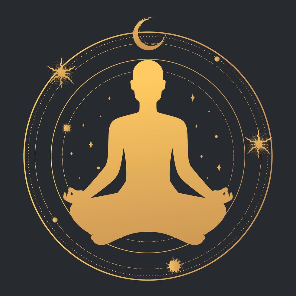 Golden colored abstract meditating man silhouette on celestial background. Male sitting in lotus position in magic circle with stars and crescent vector