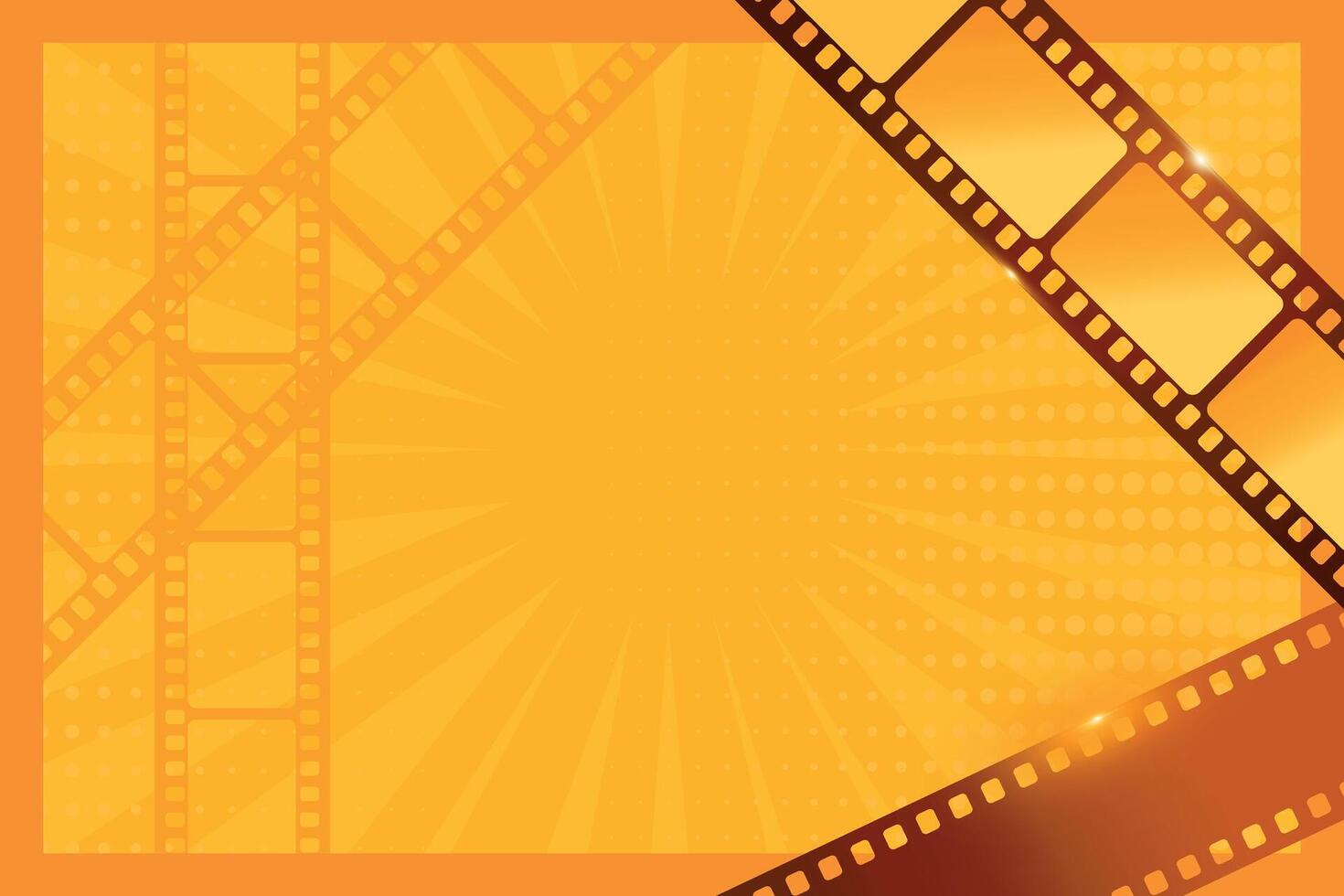 Pop art orange background with sparkling film strips. Cinema concept decorated with dots and rays vector