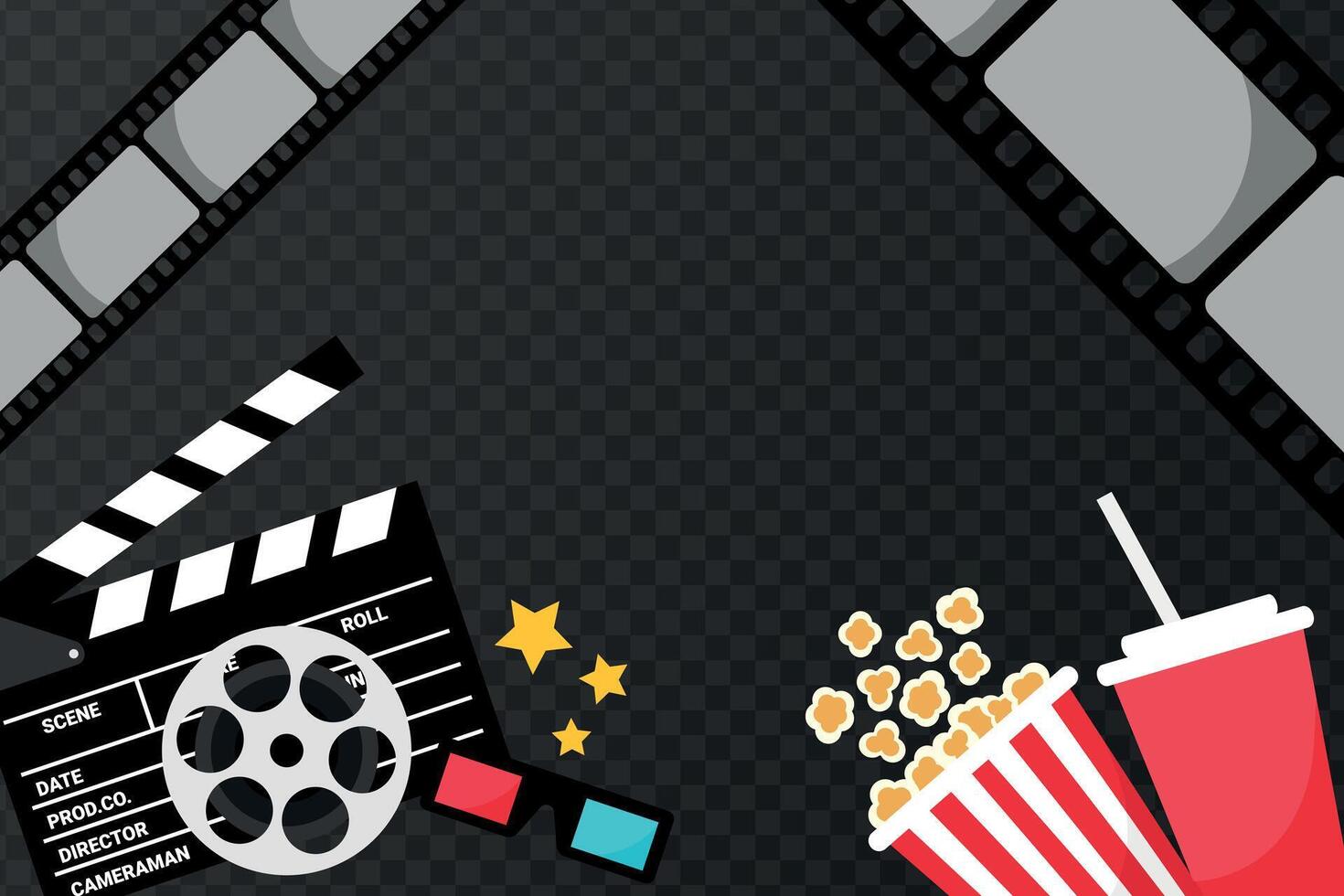 Cinema movie banner. Popcorn bucket, cold drink soda with straw, clapper board, film reel and 3d glasses. Movie film premiere template vector