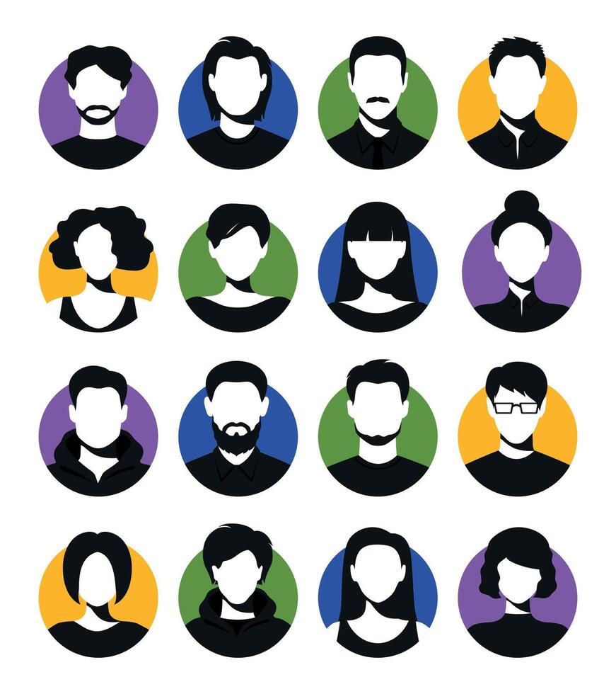 Female and male faceless silhouettes. Set of women and men round user avatars suitable for anonymous profiles, or abstract gender icons vector
