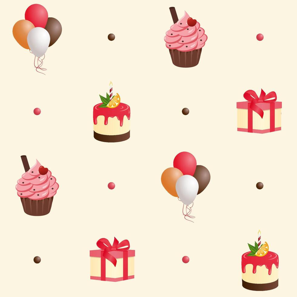 Pattern with cheesecakes, cupcakes, gift boxes and balloons. vector