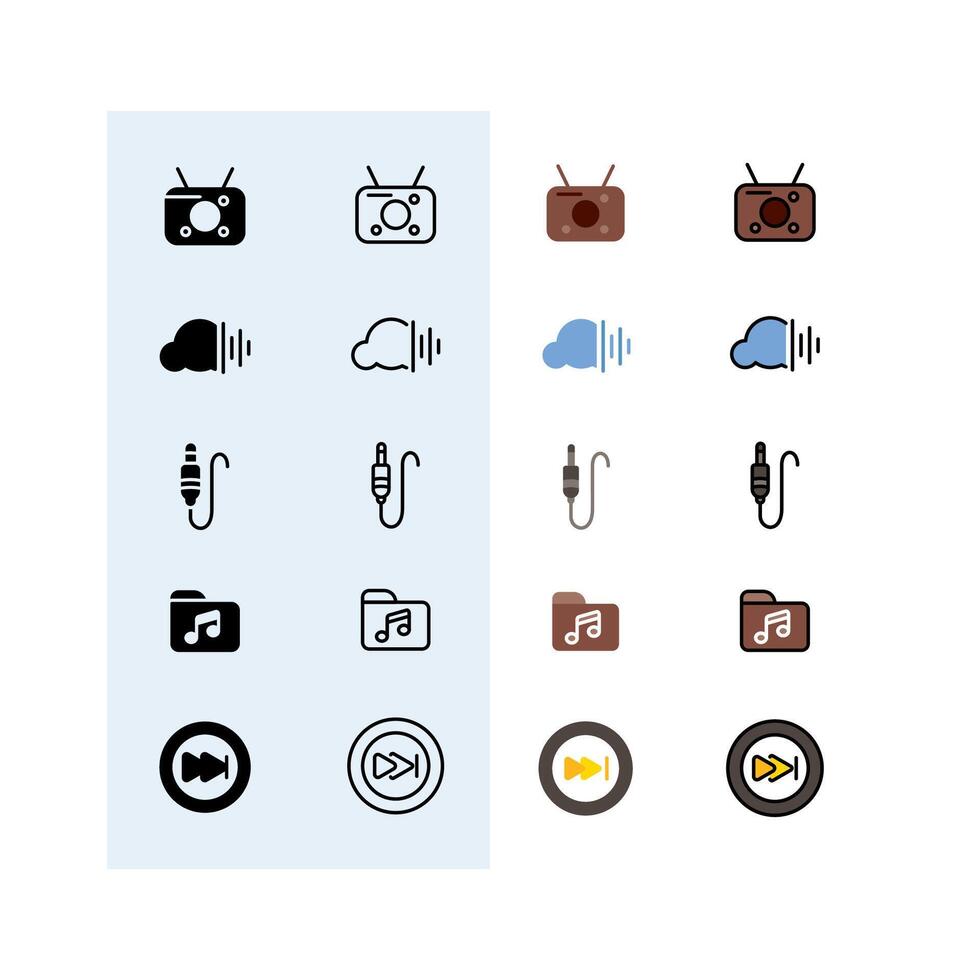radio, sound cloud, jack, music folder, next button, Audio, Music and Sound Icon Set vector