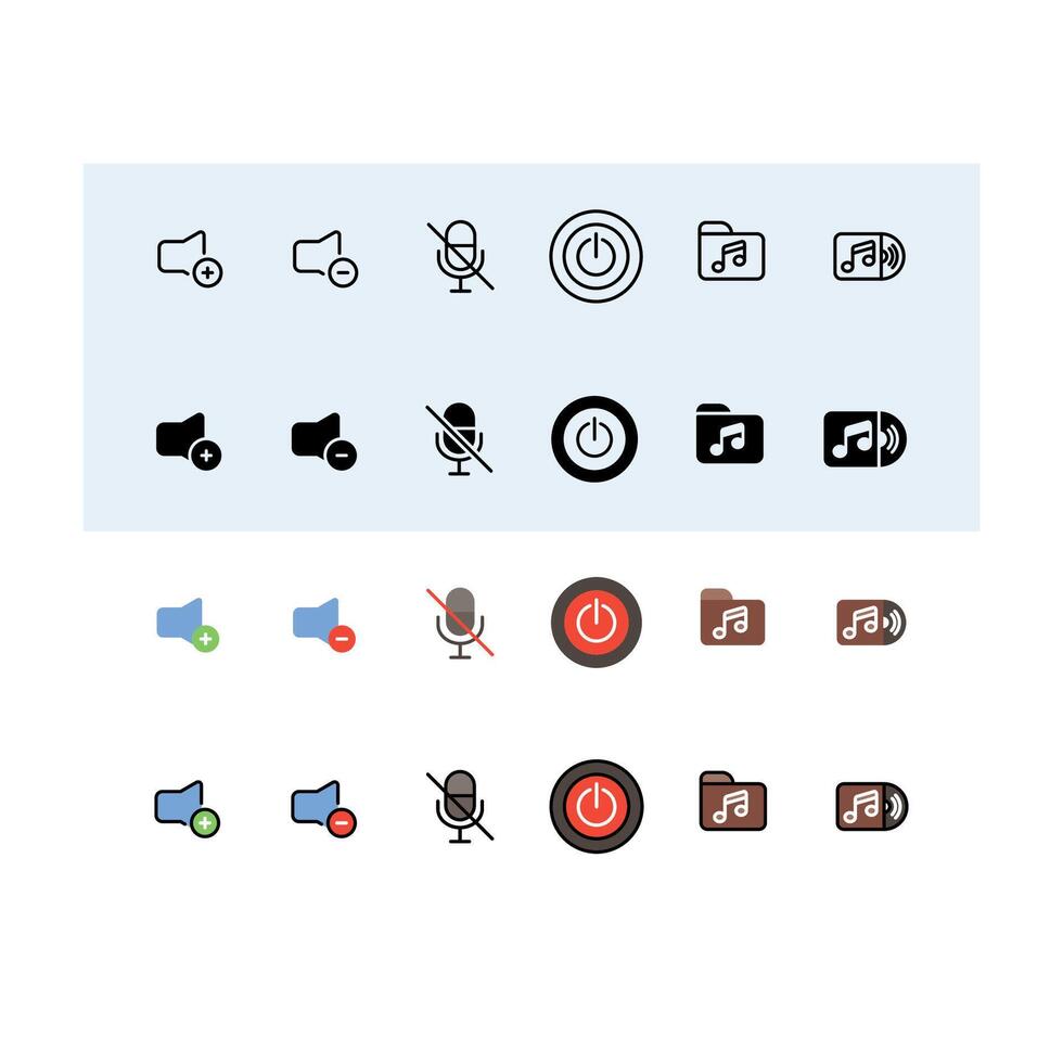volume up, volume down, mute, power button, music folder, Audio, Music and Sound Icon Set vector