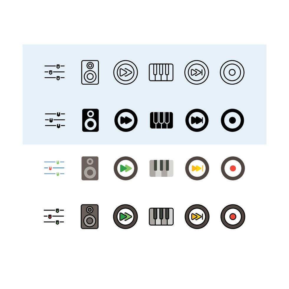 equalizer, sound system, piano, speed up, pause button, Audio, Music and Sound Icon Set vector