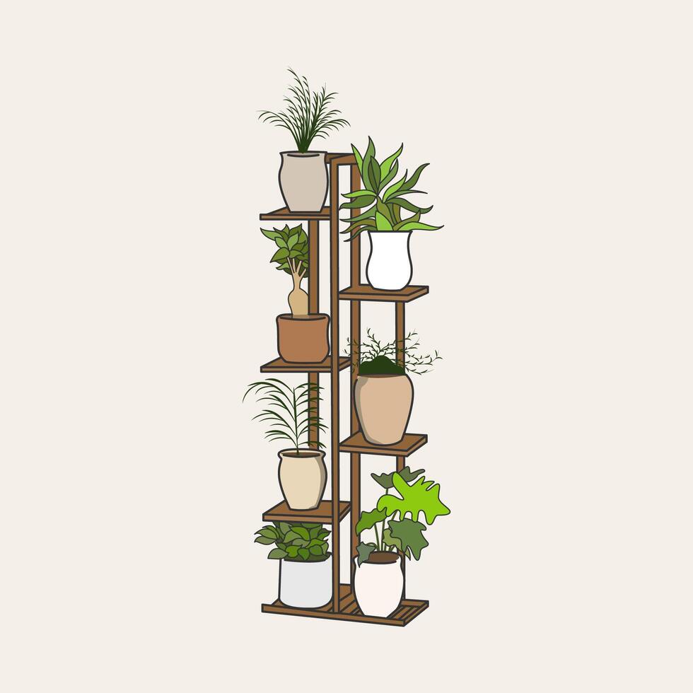 Modern home decor for cozy trendy Hand drawn houseplants on stand shelves hanging floor illustration vector