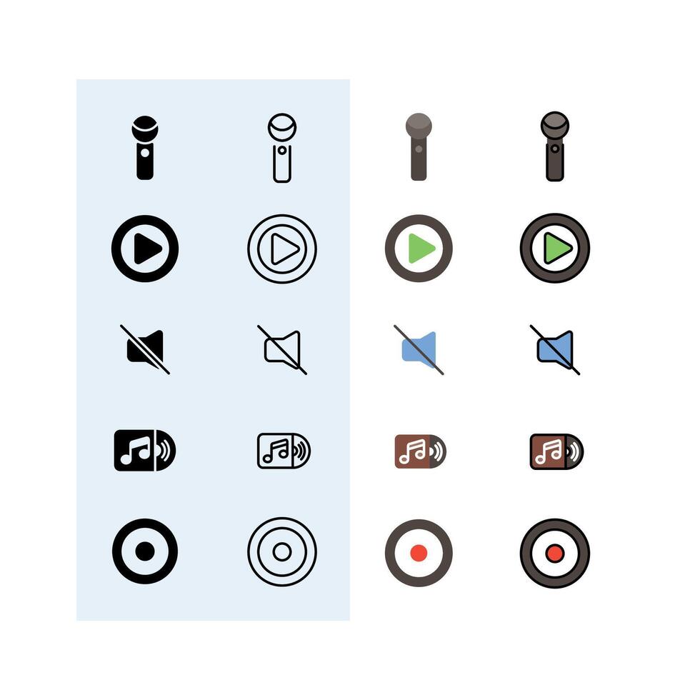 microphone, play button, mute, rec button, music folder, Audio, Music and Sound Icon Set vector