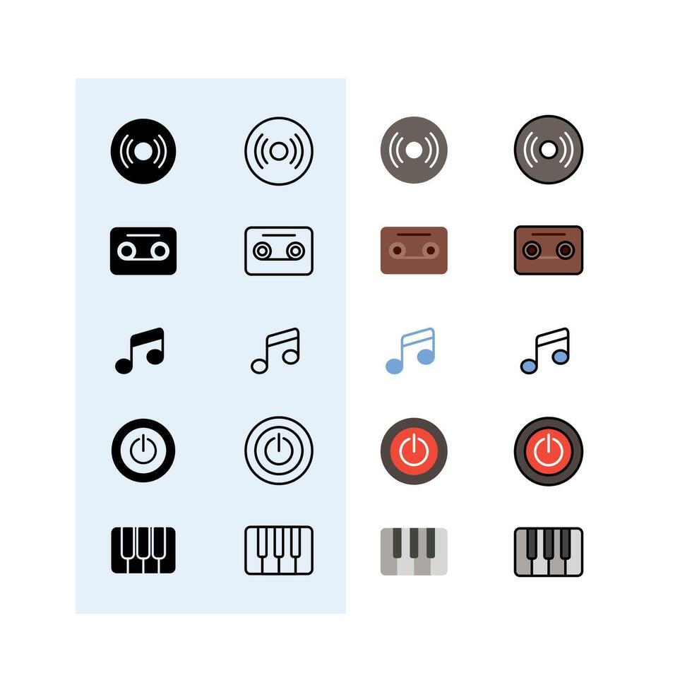 disk, tape cassette, music notation, power button, piano, Audio, Music and Sound Icon Set vector