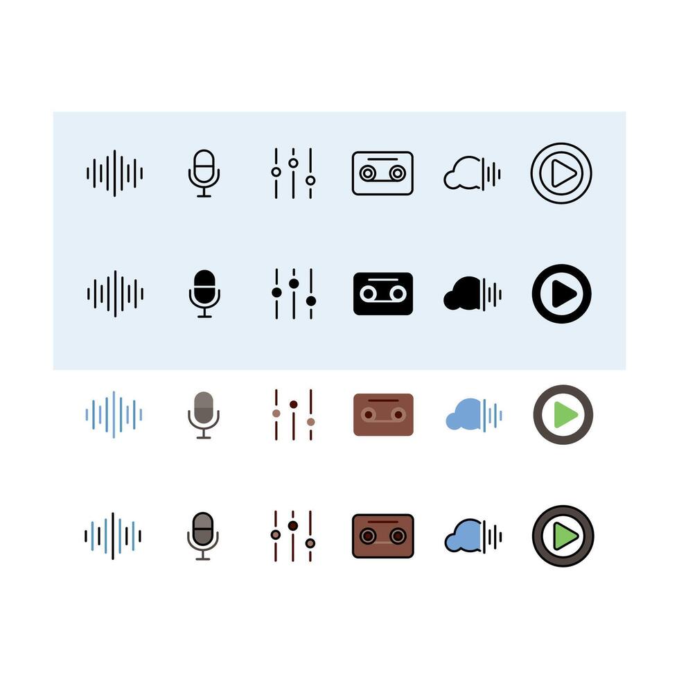 sound wave, microphone, equalizer, cassette, sound cloud, play button, Audio, Music and Sound Icon Set vector