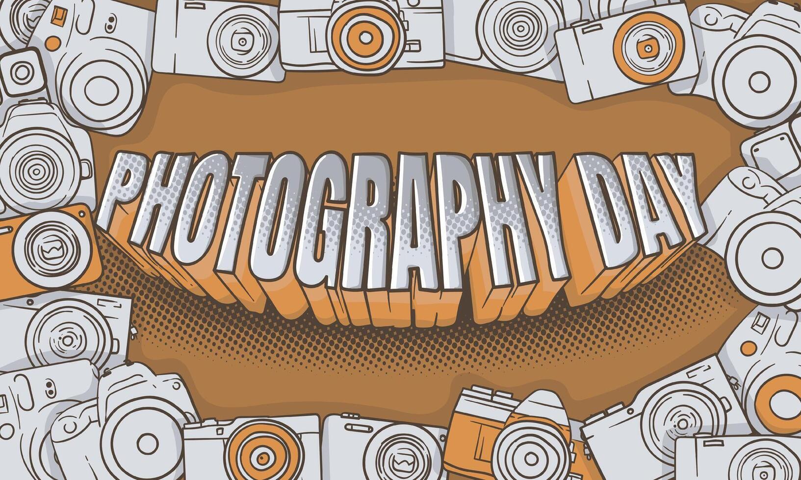 World photography day design with 3d typography of Photography day in vintage concept design. yellow white camera in doodle art background design vector