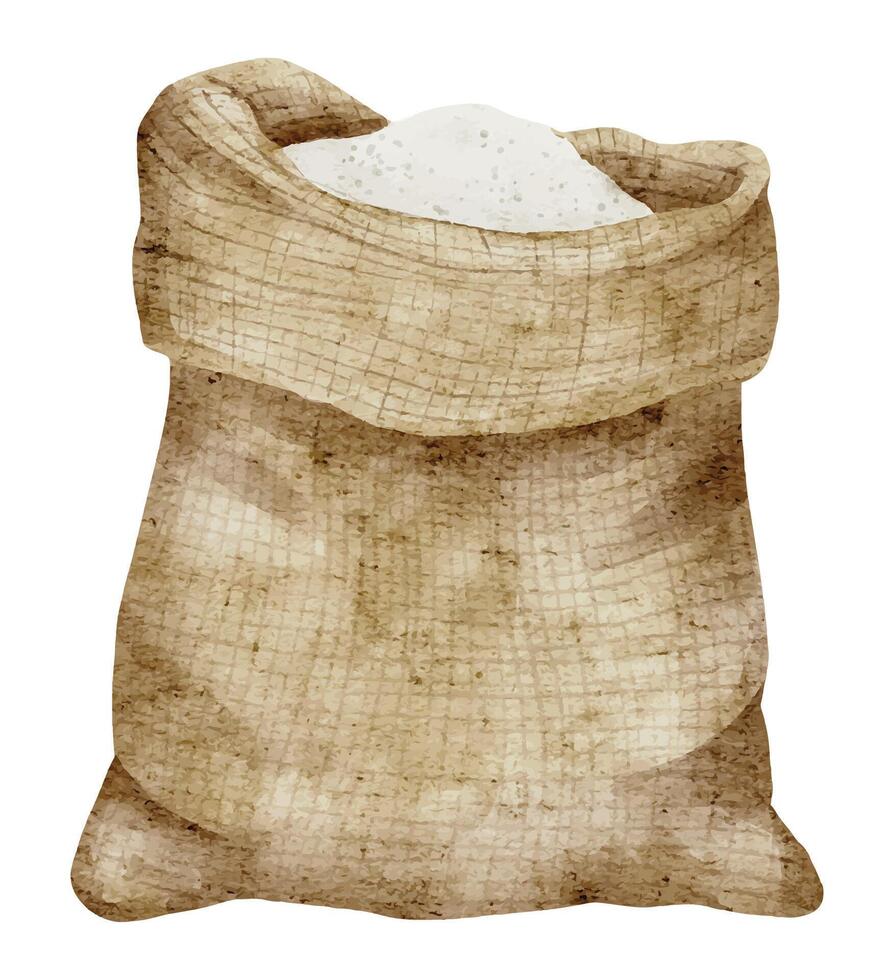 Sack of Flour watercolor illustration. Drawing of burlap bag whole of cereal grain on isolated background on isolated background. Ingredient for pastry and bakery. Sketch for product label vector