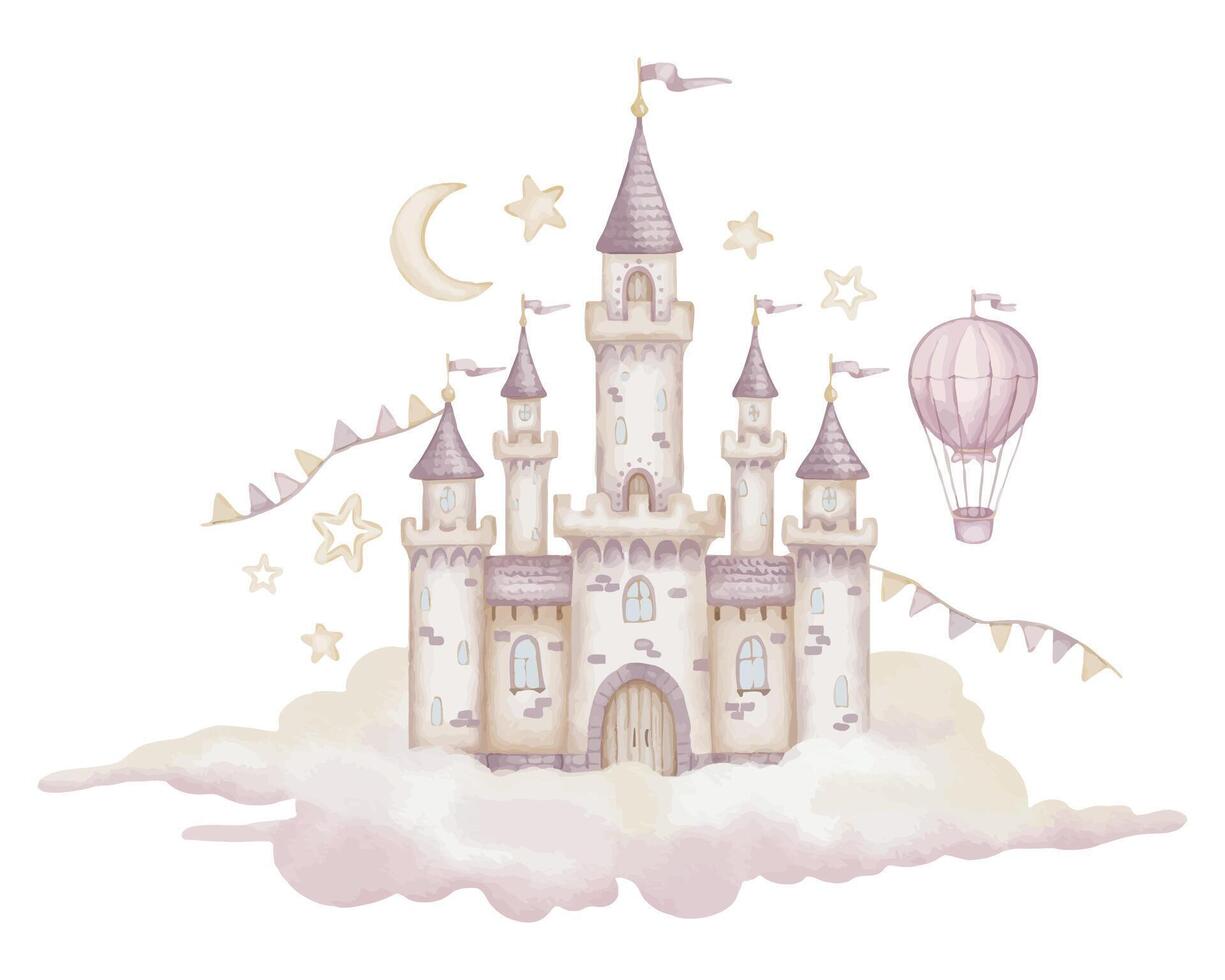 Castle on cloud watercolor illustration in pastel beige and pink colors for girl nursery wall art or baby shower greeting cards. Fantasy fortress with stars, garlands and air balloon in a sky vector