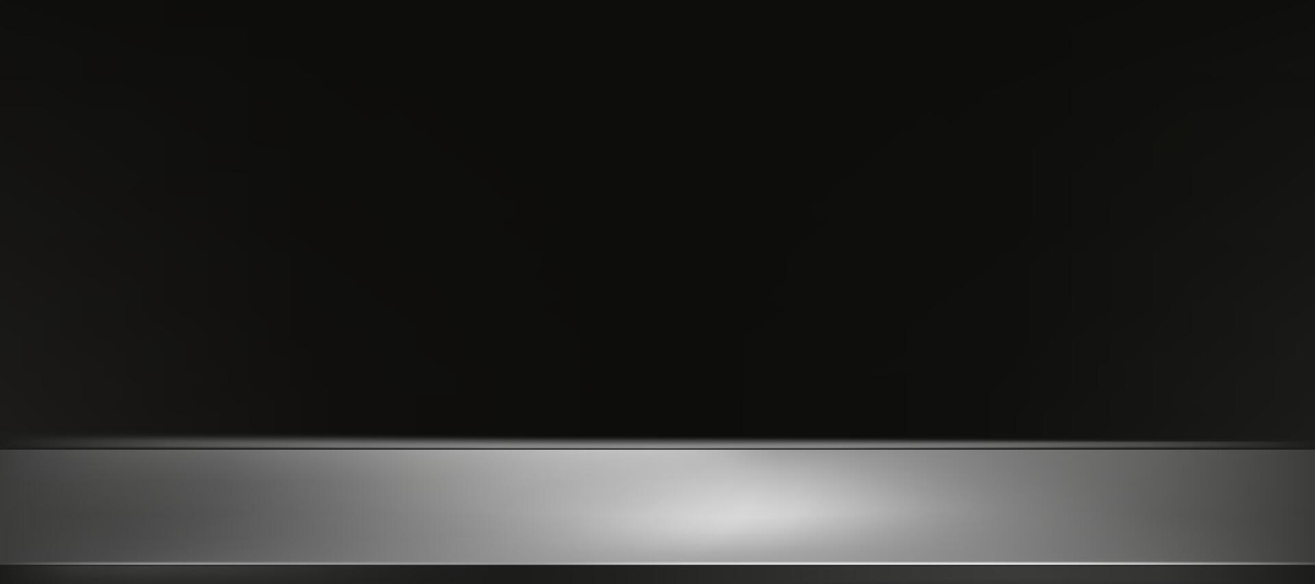 Black Background,Empty Studio Room with Spot Light on Grey Metallic Stainless Steel Counter top Display for Product Presentation, Backdrop Metal shelf texture with light reflect on floor vector