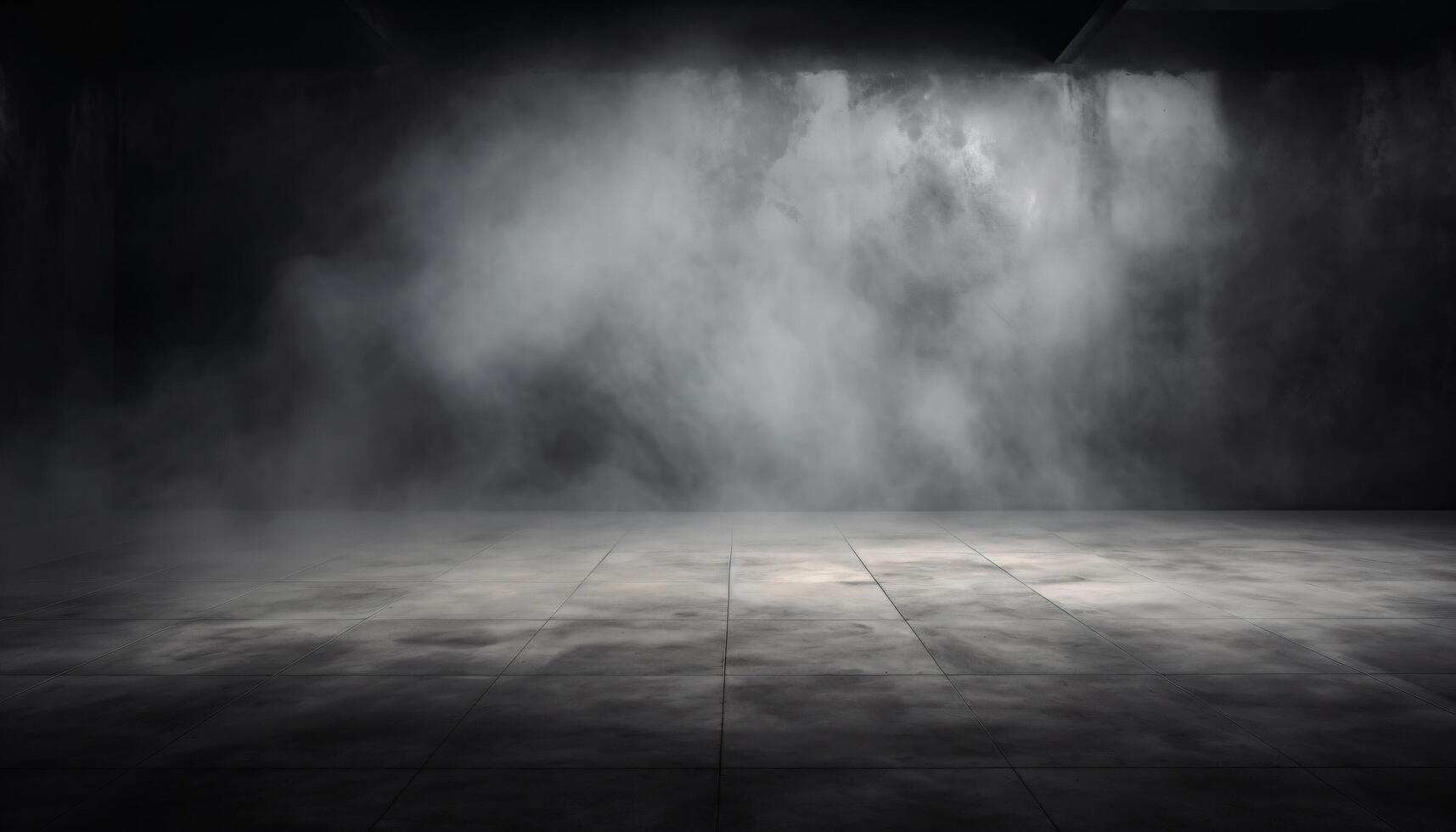 Background of an empty dark room. Empty walls, lights, smoke, Abstract light in a dark empty street with smoke. Dark street, night smog and smoke. Generated AI illustration. photo