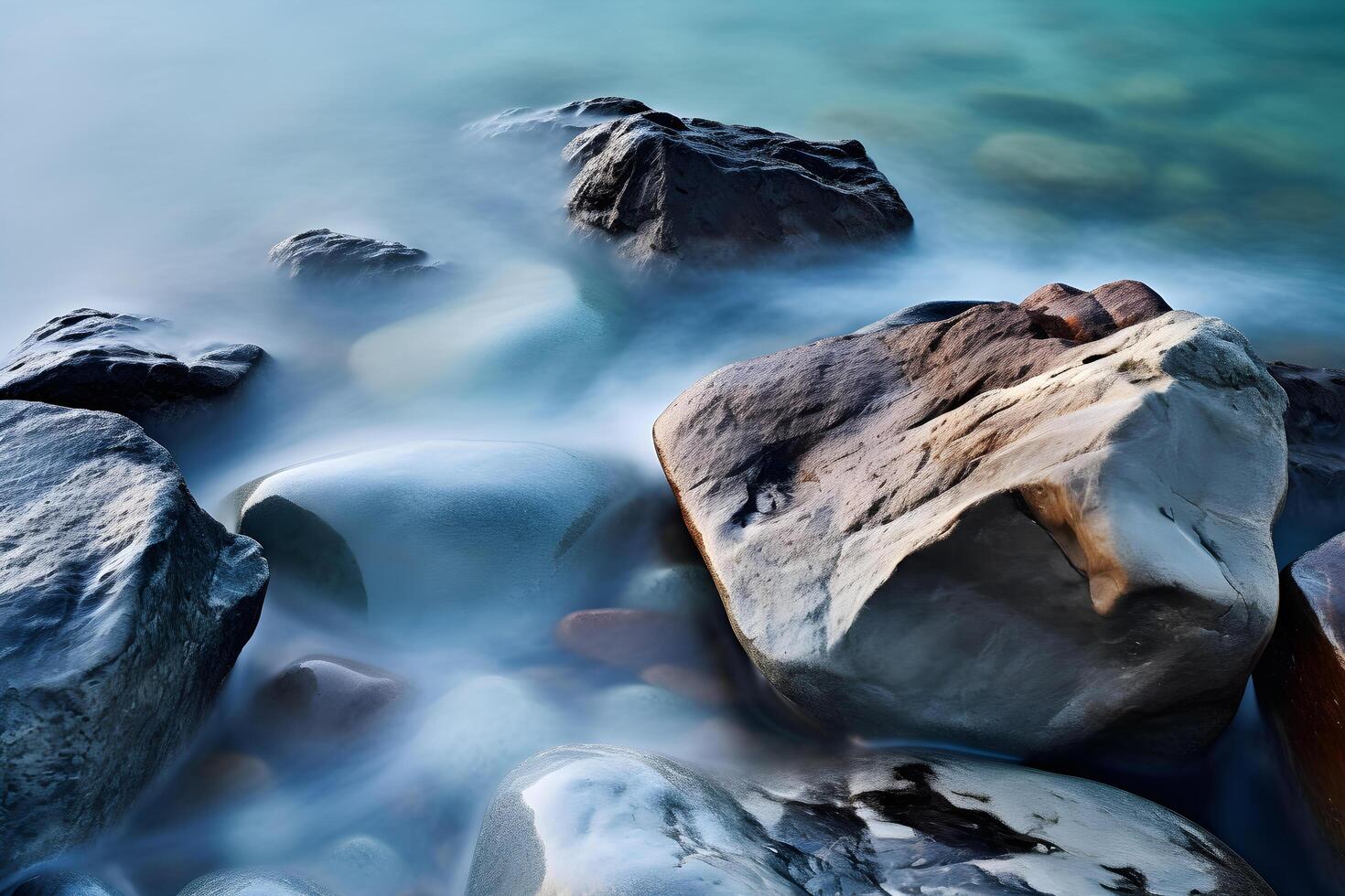 Smooth waves on giant rocks interesting. stones and sea,stones on the coast line of sea. Dreamy natural background with sea shore, rocks and waves. photo