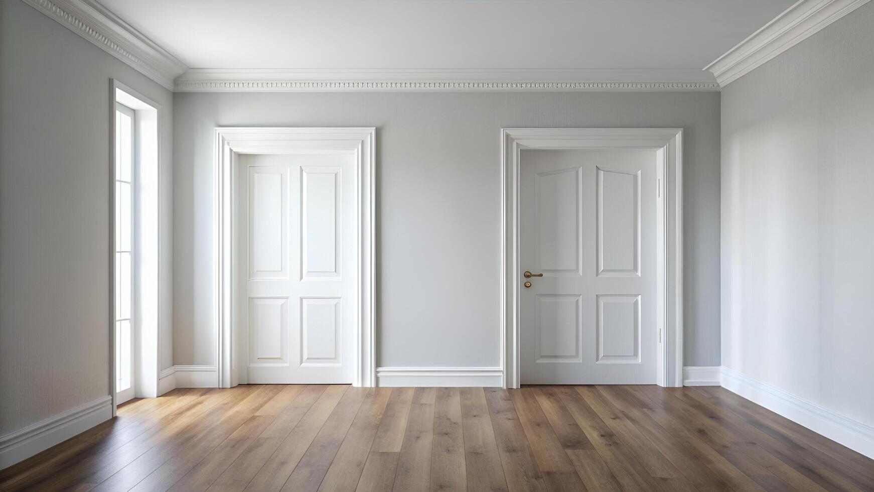 Empty Room with White Doors. Empty Room with Warm Wood Floors photo