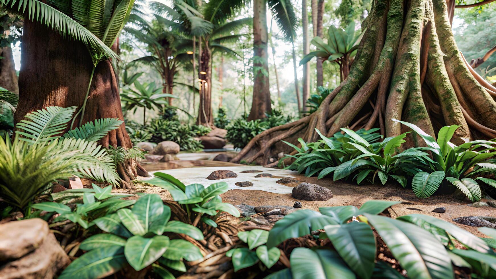 Lush Tropical Rainforest with Towering Trees and Dense Greenery photo