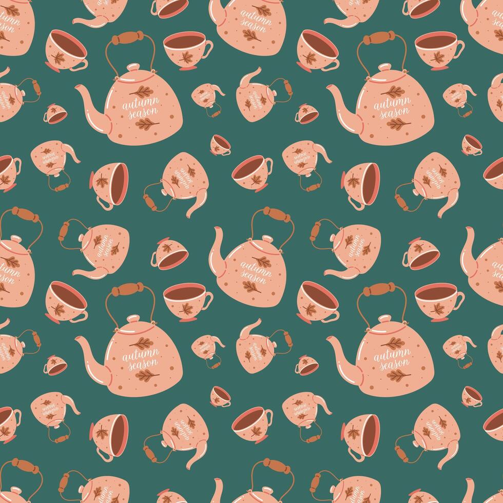 autumn elements, autumn teapot and cup of tea flat seamless pattern, cute cozy background, autumn season vector
