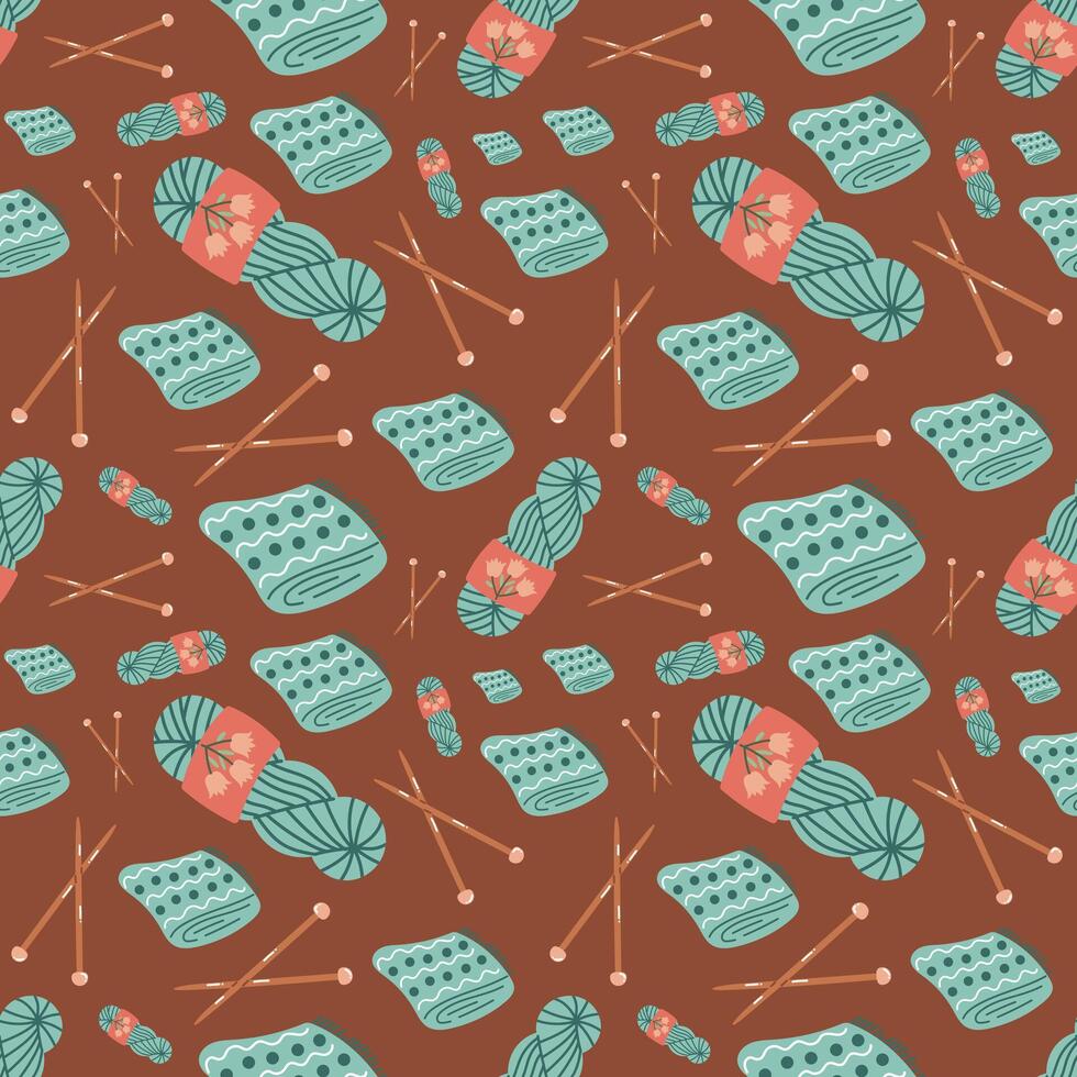 autumn elements, autumn blue plaid, knitting needles and a ball of yarn flat seamless pattern, cute cozy background, autumn season vector