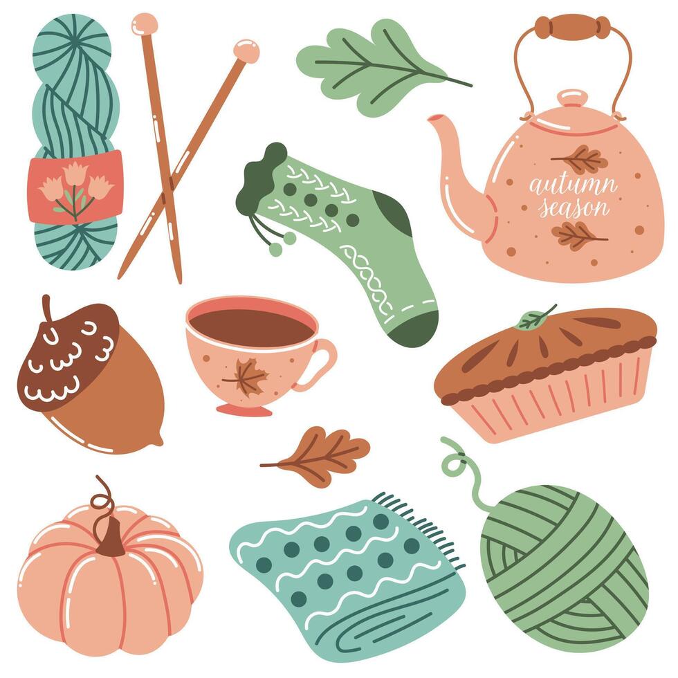 autumn cozy elements set, pie, sock, tea, teapot, yarn, wool, oak leaf, needles, acorn, plaid, pumpkin flat design vector