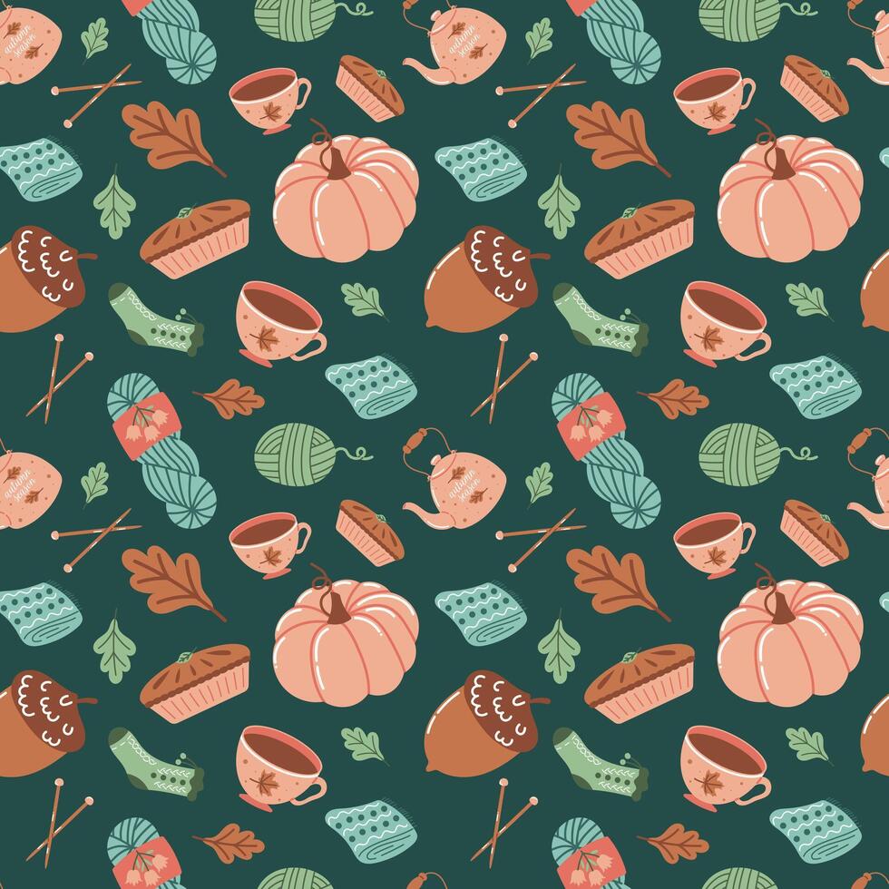 autumn elements, autumn pumpkin, wool, yarn, pie, teapot, cup, acorn and oak leaf flat seamless pattern, cute cozy background, autumn season vector