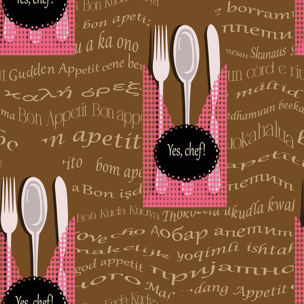The phrase bon appetit is written horizontally in several languages, in different fonts. seamless pattern of spoons, forks, table knives. vector