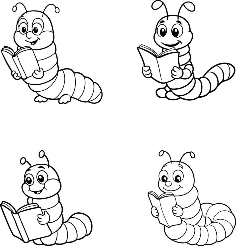 Cartoon Character Caterpillar Reading A Book Line Art . vector